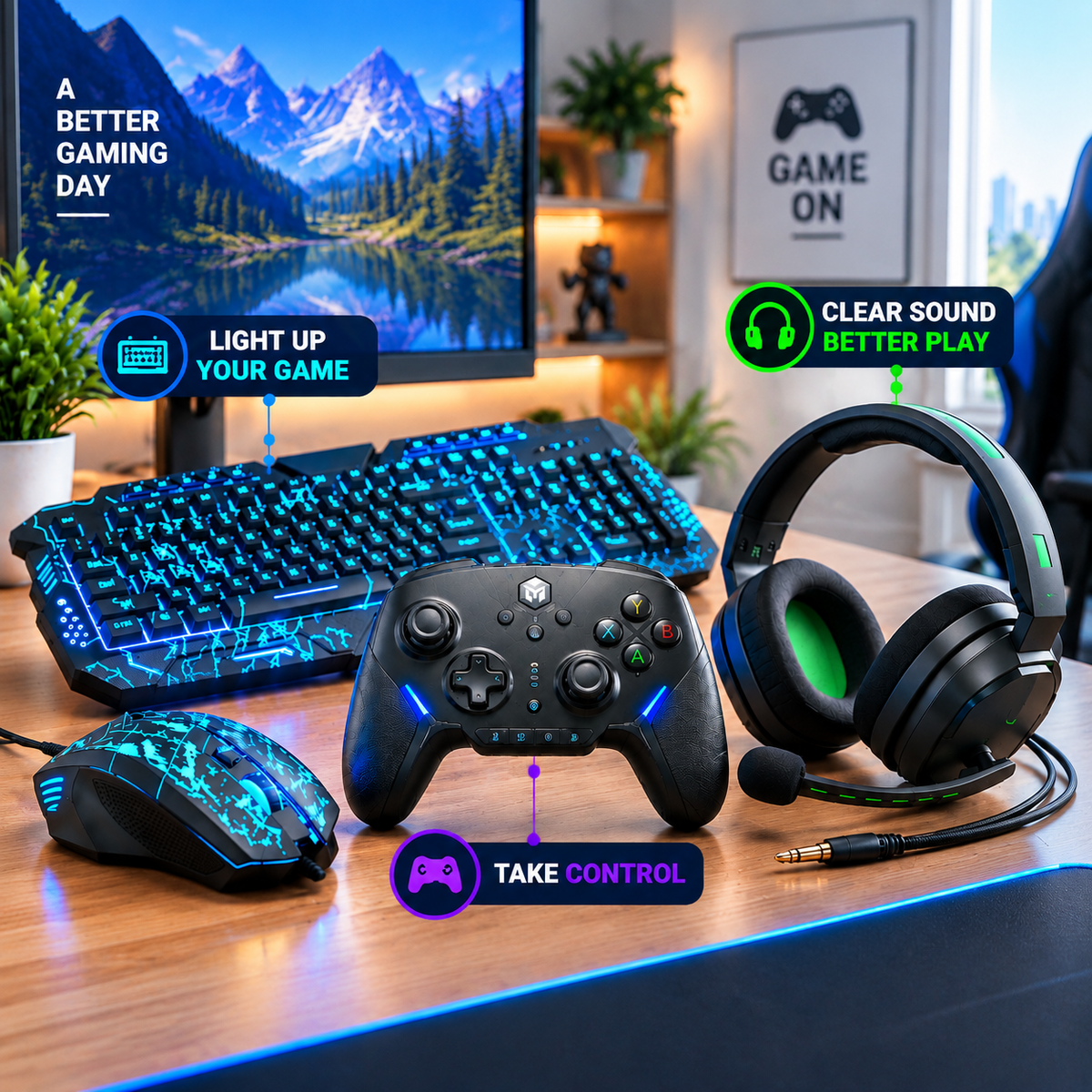 Gaming essentials bundle with controller keyboard mouse and headset