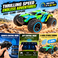 Side view of a 1:14 scale remote control truck with off-road-inspired details.