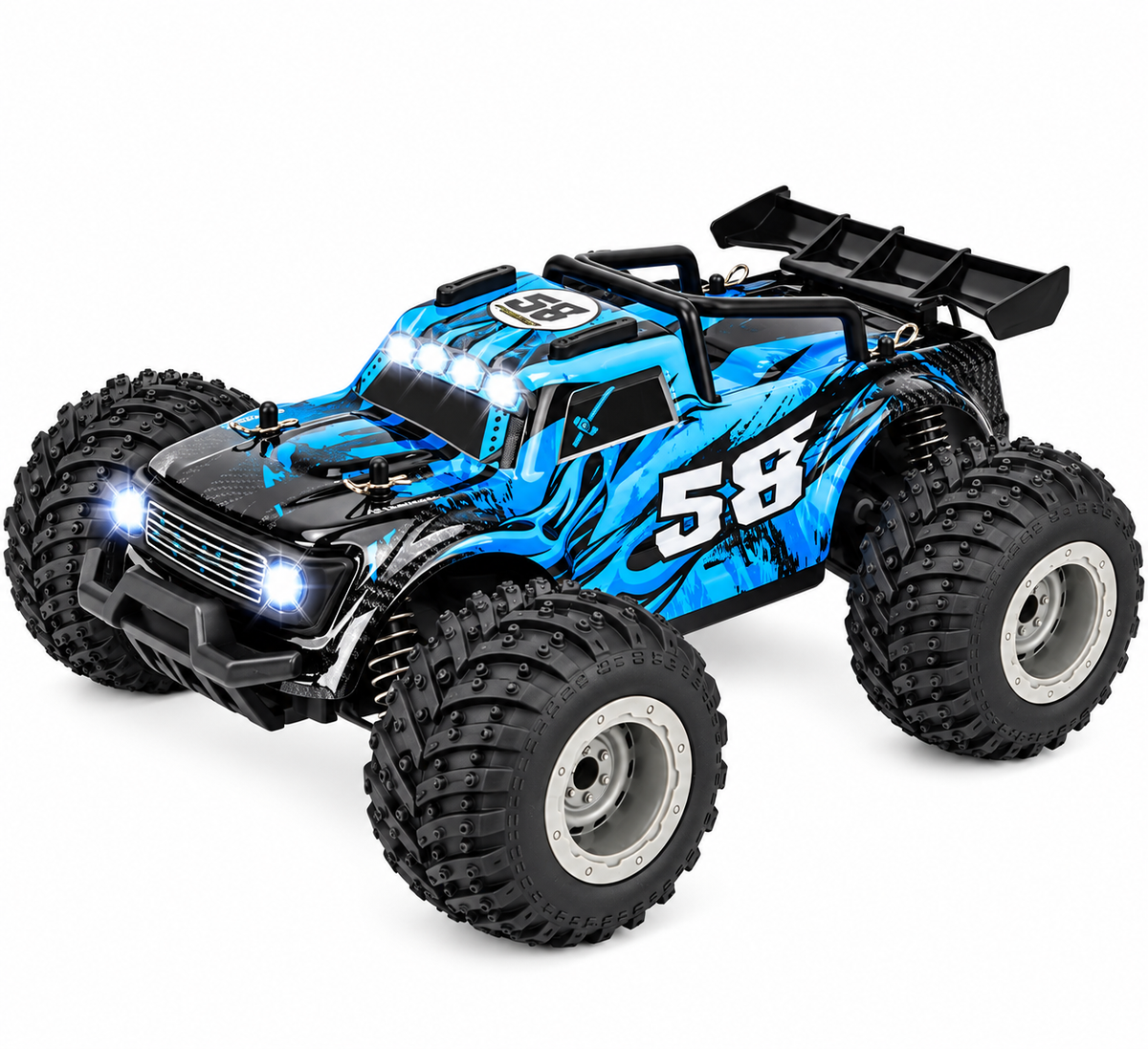Side view of a 1:18 scale big wheel RC truck with oversized tyres.