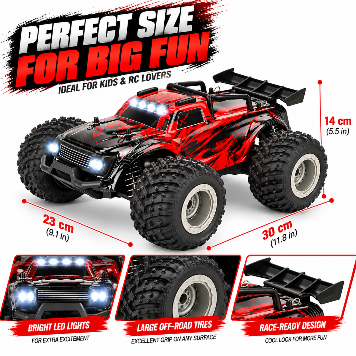 Side view of a 1:18 scale big wheel RC truck with oversized tyres.