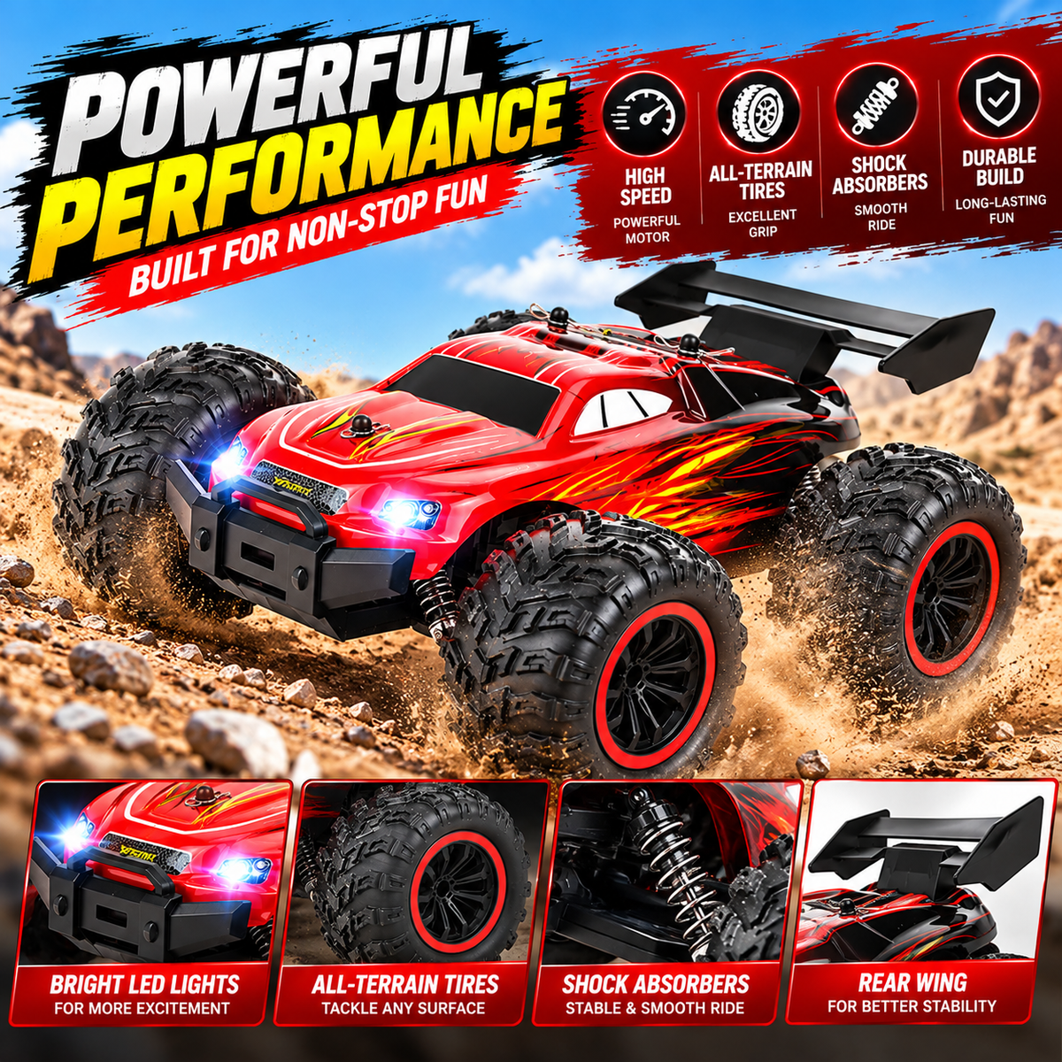 Side view of a 1:18 scale RC racing truck model.
