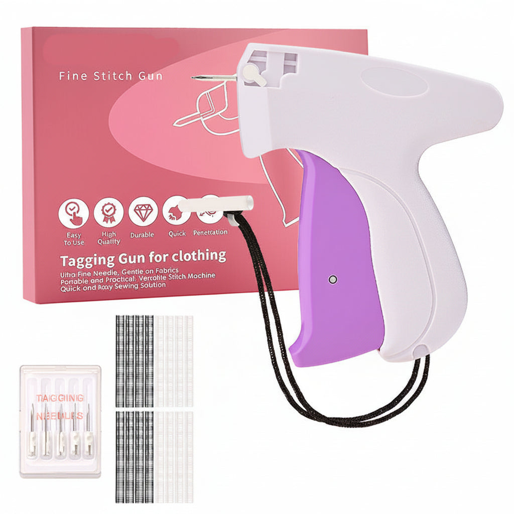 Handheld clothing stitch tool with black and white fasteners