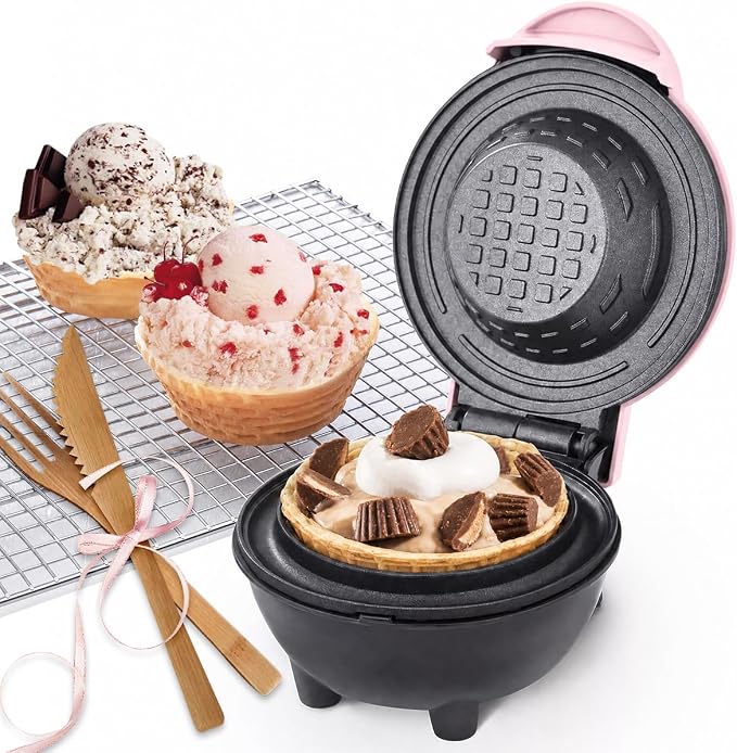 Pink mini waffle bowl maker with compact countertop design