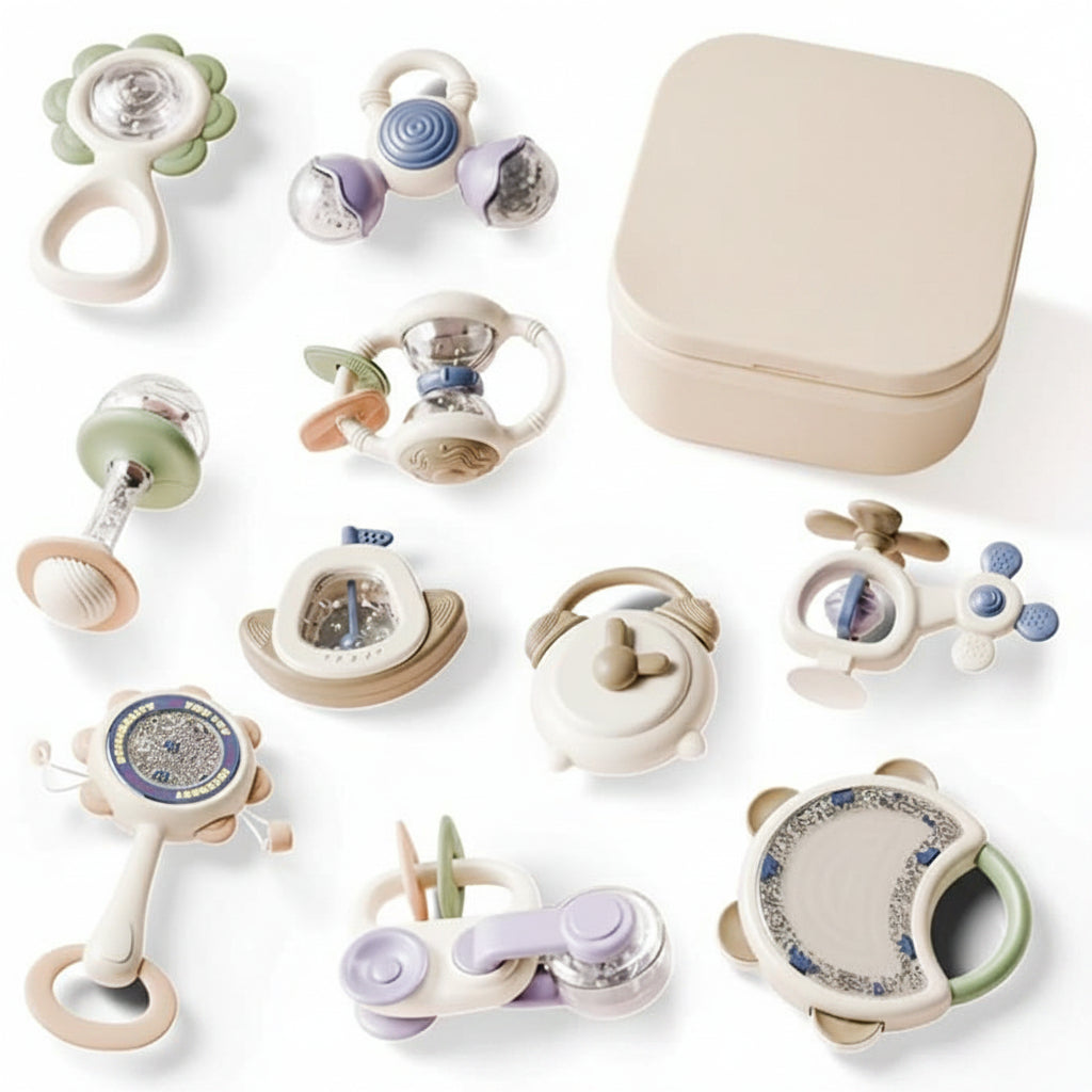 Alt Text: Ten-piece baby rattle and sensory teether toy set in assorted colours
