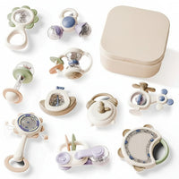Alt Text: Ten-piece baby rattle and sensory teether toy set in assorted colours
