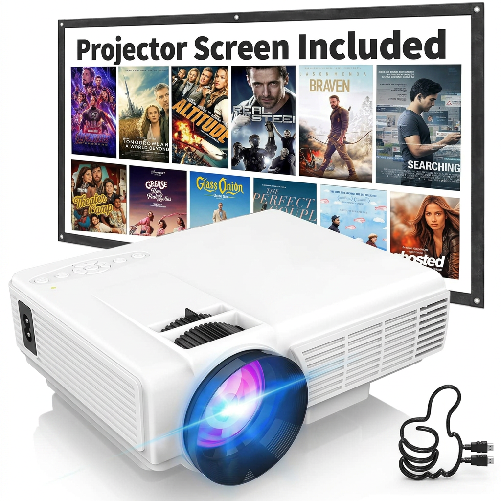 1080P mini projector white portable home theater device
Projector with Screen Setup