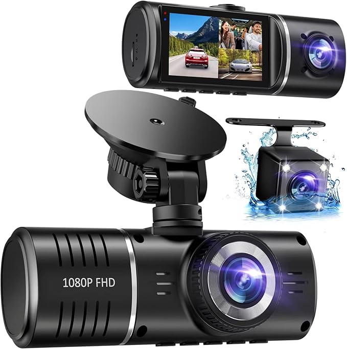 Triple Dash Camera Setup for Front, Rear, and Interior in Car