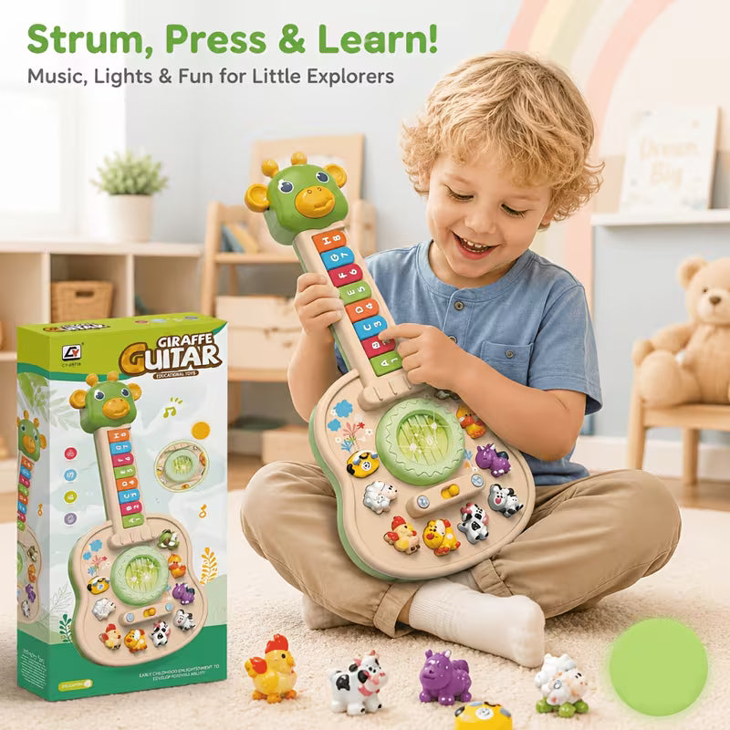 Baby Animal Sounds Guitar Toy for Toddlers, Interactive Musical Toy with Piano Keys and Light Up Knob, Early Learning Sensory Toy Gift for Kids