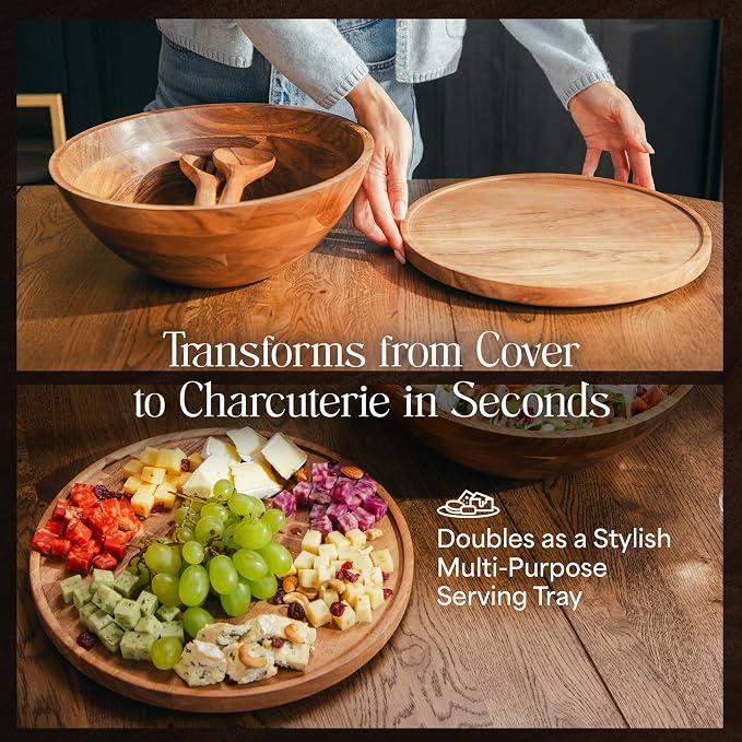 Large wooden salad bowl set for shared table serving