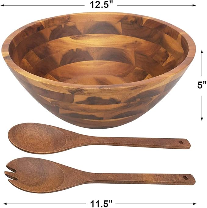 Large round wooden salad serving bowl for dining table