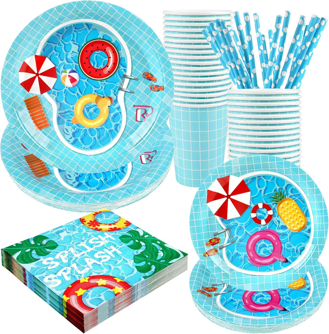120 piece pool party supplies set with plates, cups, napkins and straws