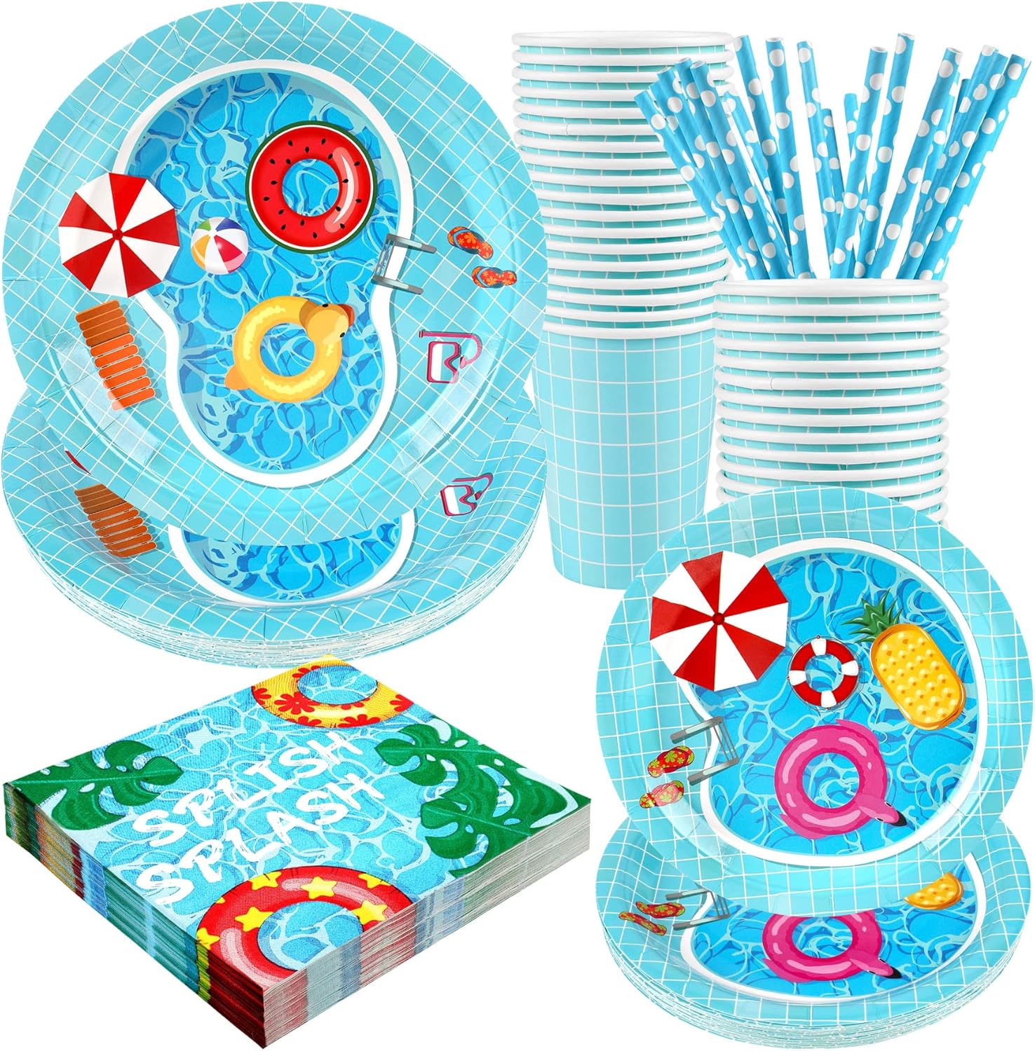 120 piece pool party supplies set with plates, cups, napkins and straws
