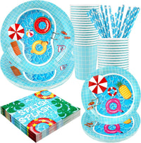 120 piece pool party supplies set with plates, cups, napkins and straws