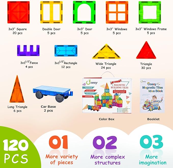 120PCS magnetic tiles set for kids with stronger magnets for creative building