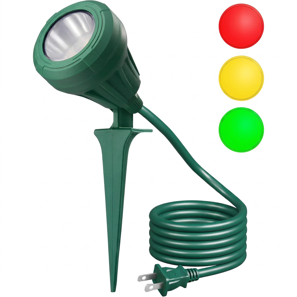120V LED outdoor spotlight with red, yellow, and green lenses for customizable landscape lighting.