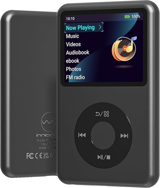 128GB Bluetooth MP3 Player in sleek black, perfect for storing music, audiobooks, and videos.