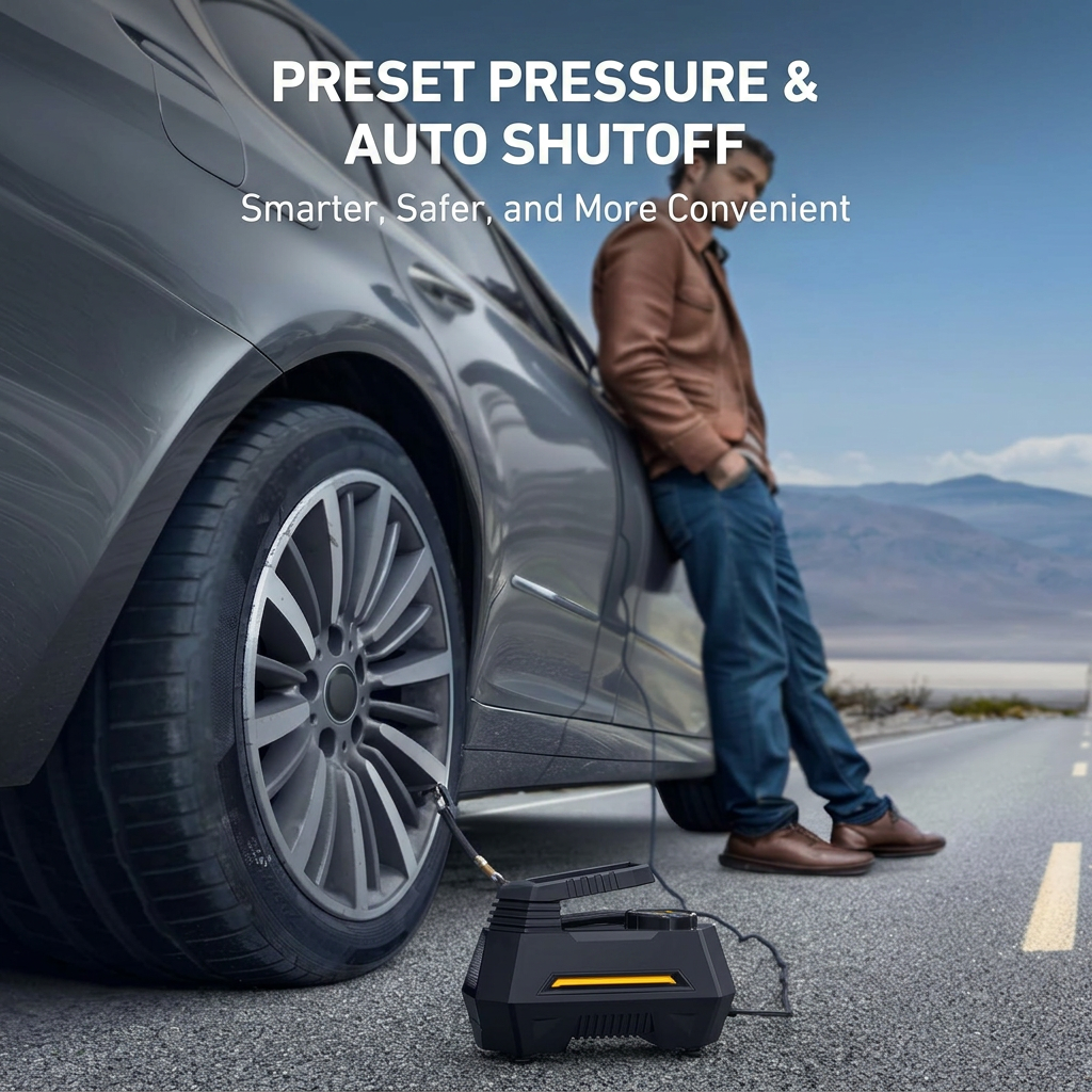 12V car tyre inflator connected to cigarette lighter socket