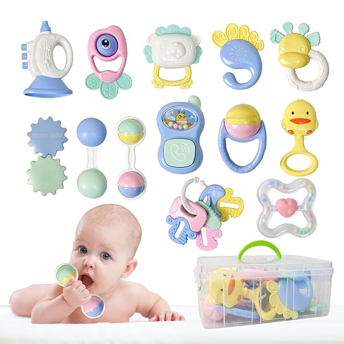 Thirteen-piece baby rattle and teething toy set with portable storage case