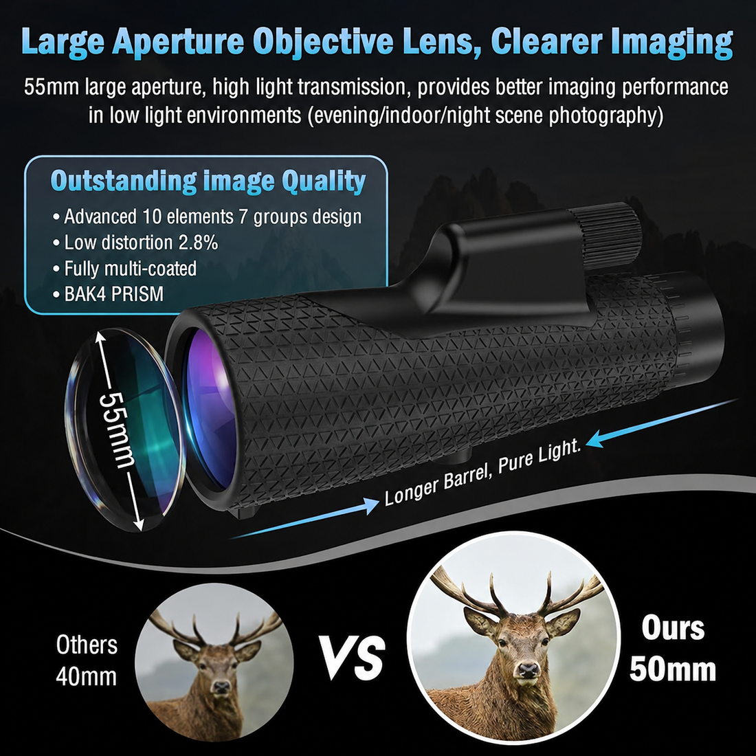 15x55 high power monocular telescope front view