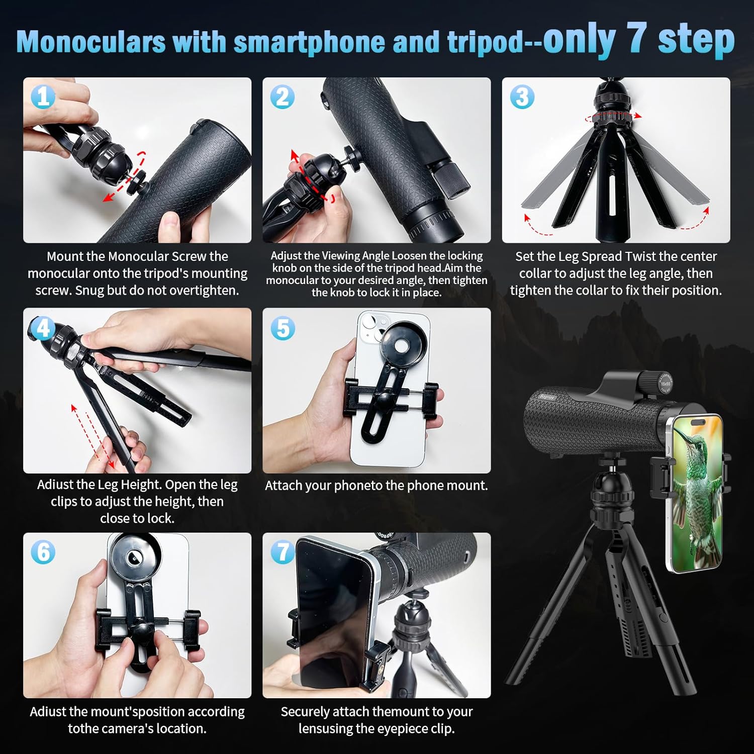 Monocular telescope with smartphone adapter for photography
