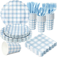  175 piece blue gingham party supplies set with plates cups napkins and cutlery