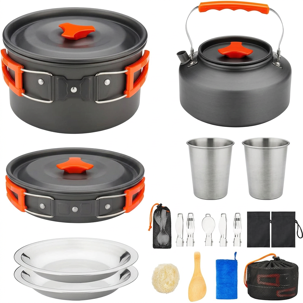 17pcs camping cookware kit with pot pan kettle and utensils for outdoor cooking