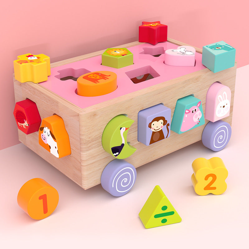 18 hole shape sorter animal puzzle car for kids with colorful blocks and animal pieces