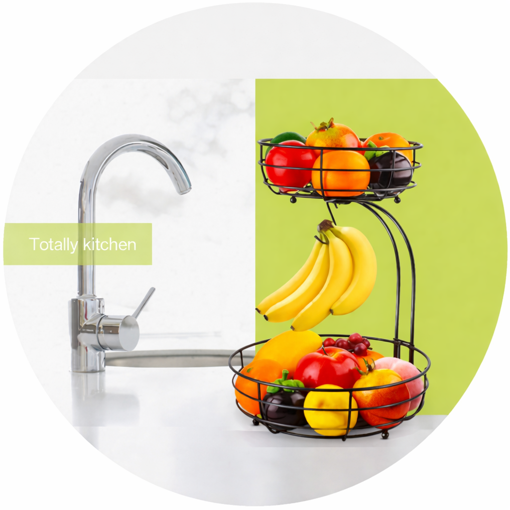 2-Tier Kitchen Storage Basket | Iron Fruit Holder with Banana Hanger