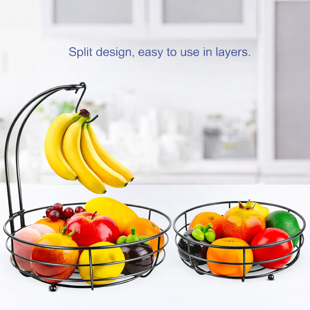 Fruit & Vegetable Basket Stand | Iron 2-Tier Storage Rack with Banana Hook