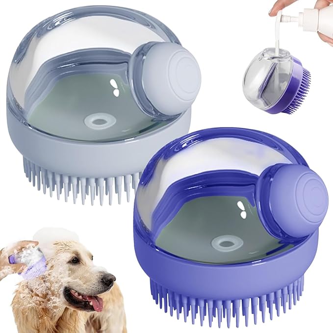 Two silicone pet bath brushes with shampoo dispensers