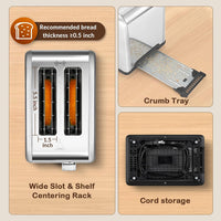 Two slice toaster featuring defrost and reheat functions