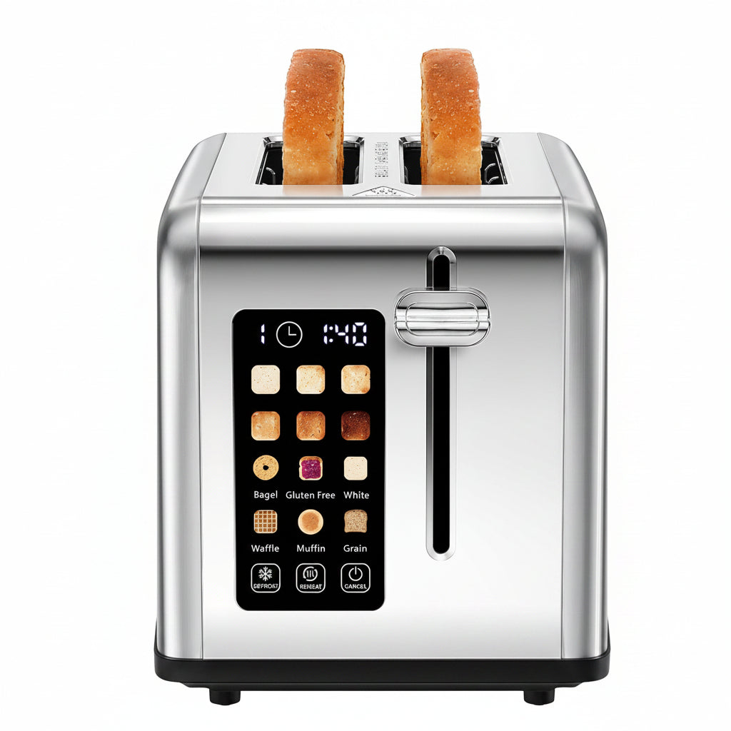 2-slice stainless steel touchscreen toaster with wide bread slots