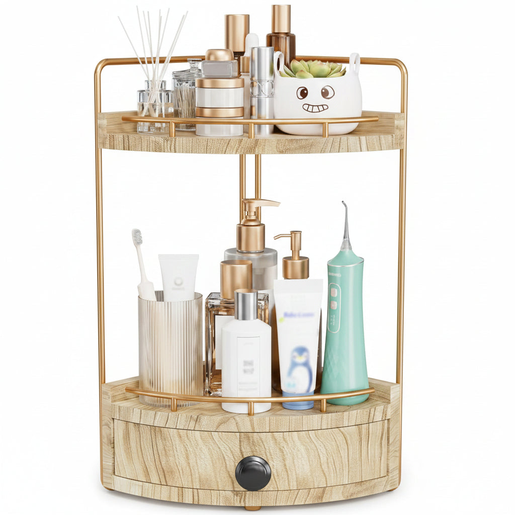 2-tier corner bathroom counter organizer with drawer
