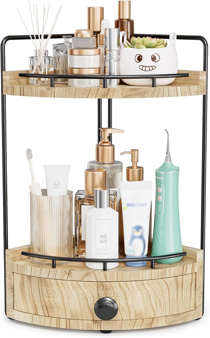 2-tier corner bathroom counter organizer with drawer
