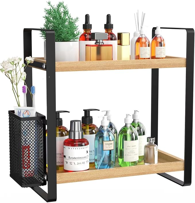 2-tier wooden bathroom countertop organizer with basket