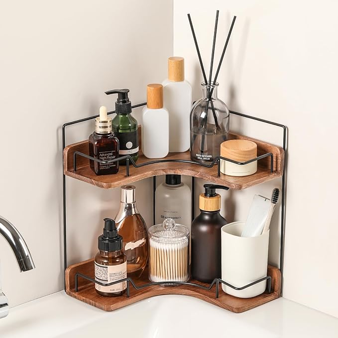 2-tier wooden corner organizer for bathroom vanity countertop