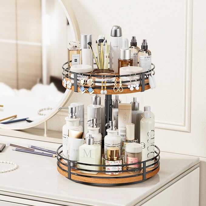 2-tier wooden rotating organizer for home storage