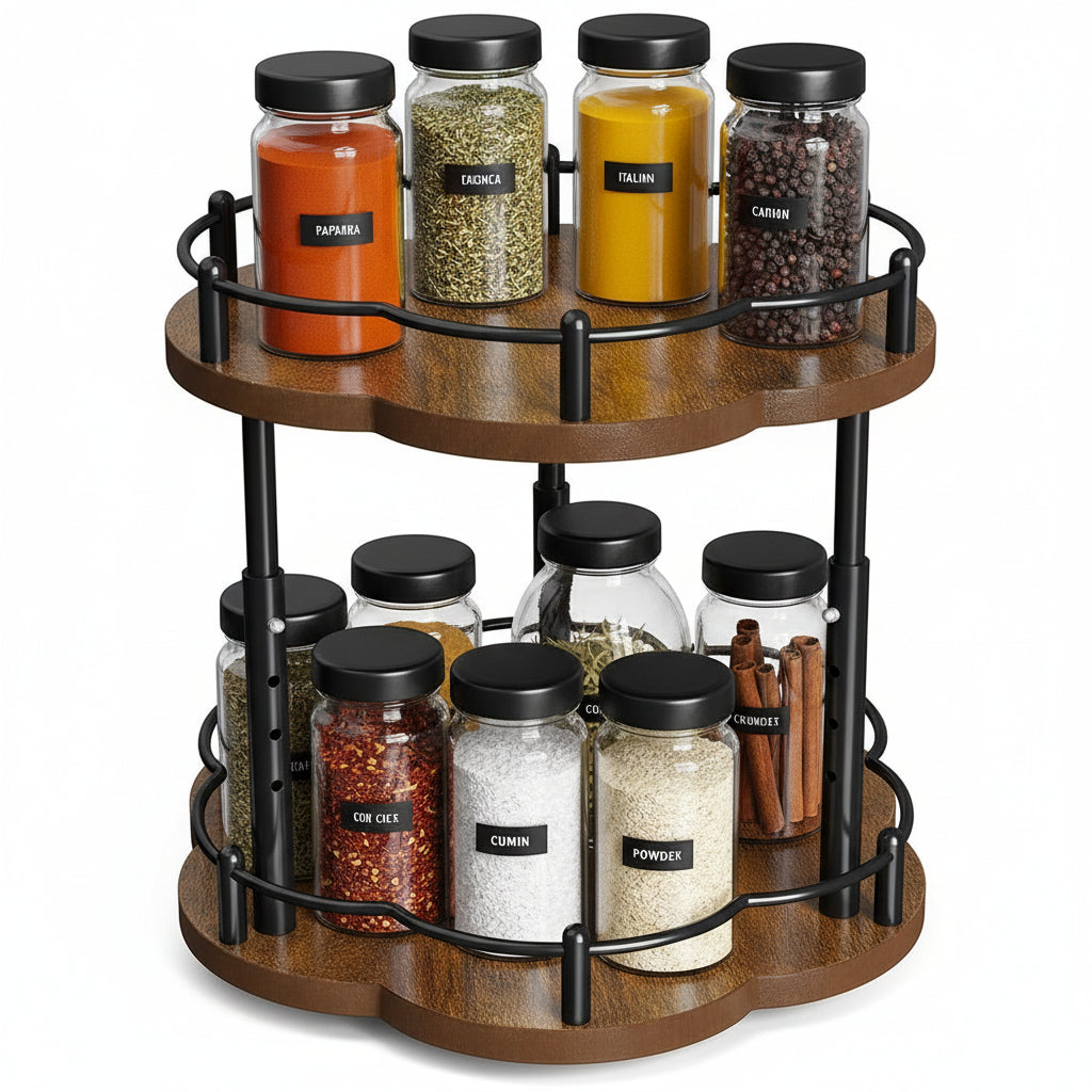 2-tier wooden rotating spice rack for kitchen storage