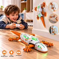 Remote control lizard toy shown moving across the floor and climbing smooth indoor surfaces.