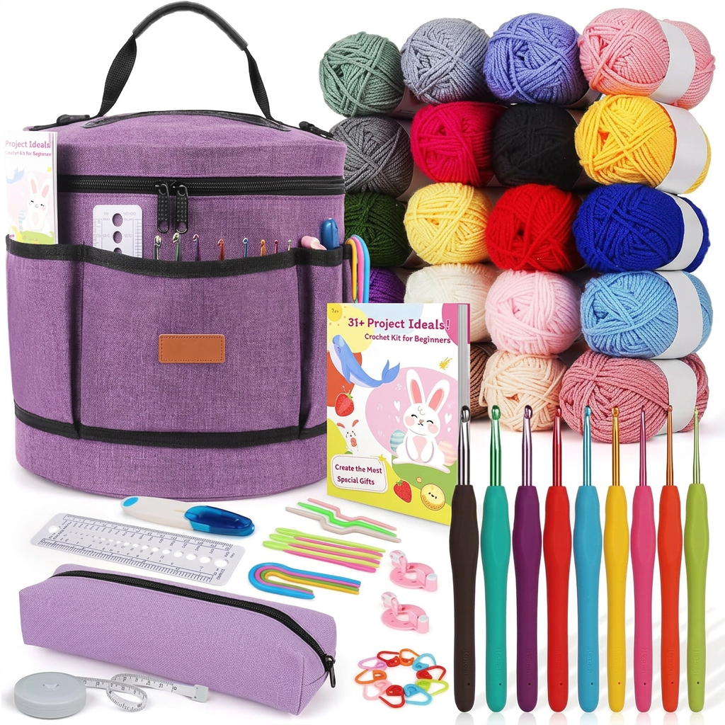 Crochet craft kit with colorful yarn and crochet hooks