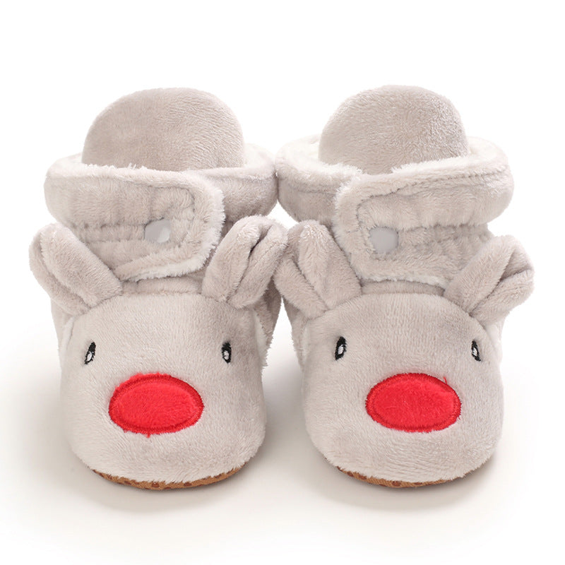 Reindeer Baby Booties – Cream Plush Infant Crib Shoes with Fluffy Ankle Cuffs, Adorable Winter Footwear for Babies