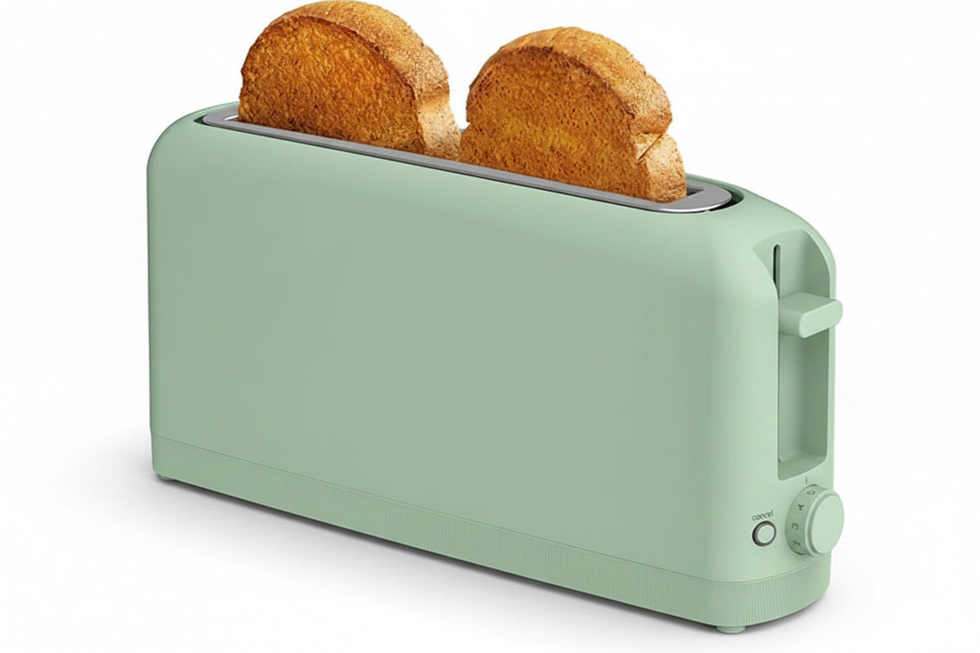 2 slice slim long slot toaster in sea glass colour for kitchen use