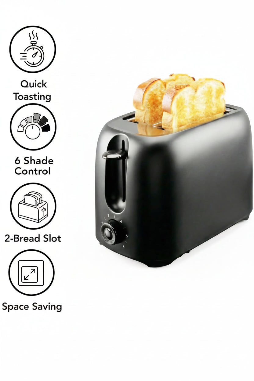 2 slice toaster with 6 browning settings for light to dark toast
