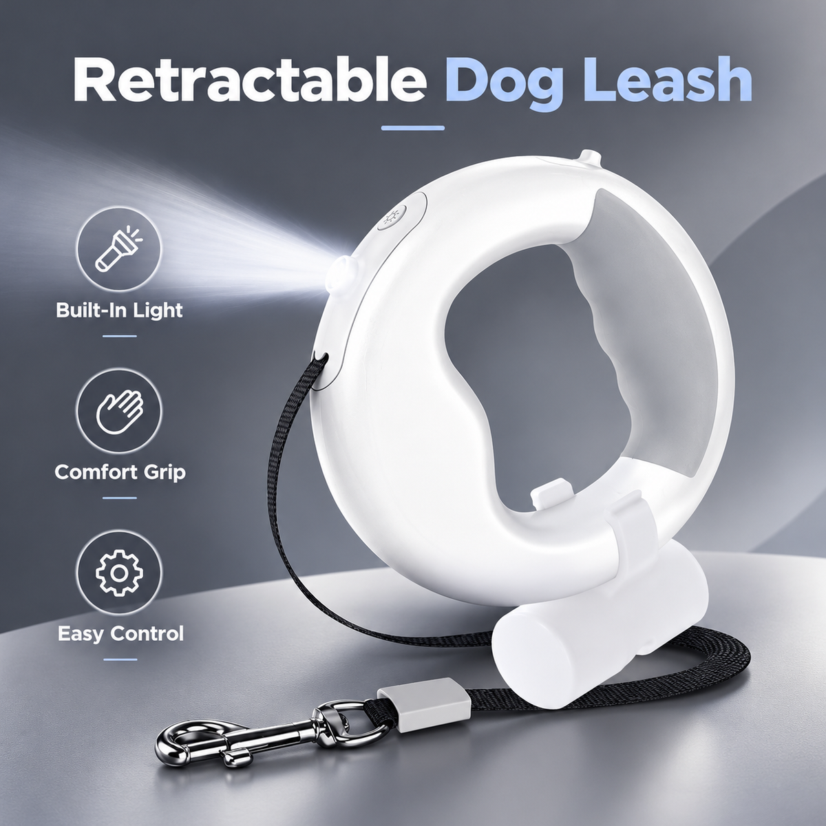 Three-in-one dog walking leash with retractable lead light and bag holder