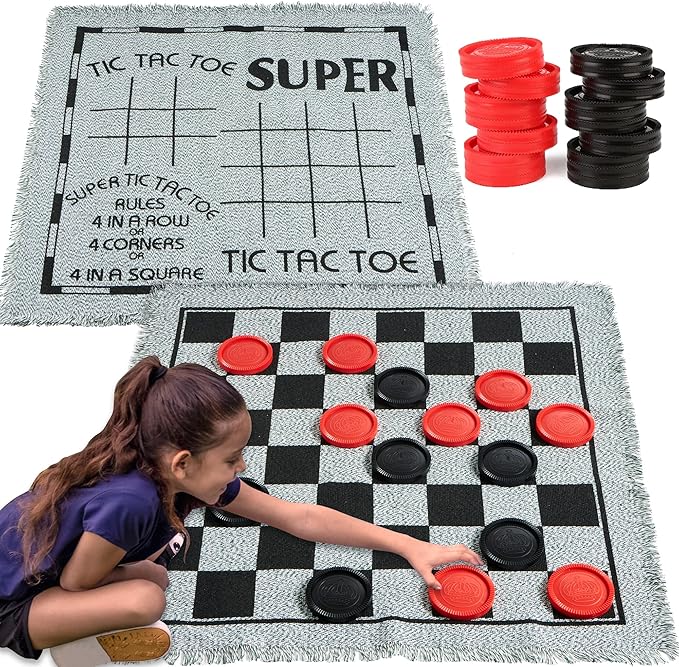3-in-1 vintage giant checkers tic tac toe with reversible mat