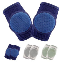 Three pairs of soft baby knee pads in navy grey and light green