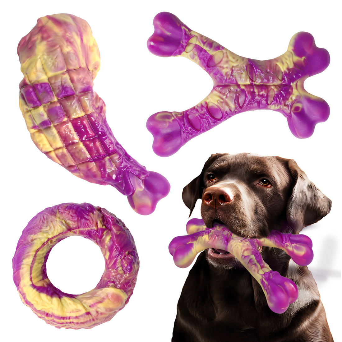 3-piece nylon dog chew toy set with bone-shaped designs