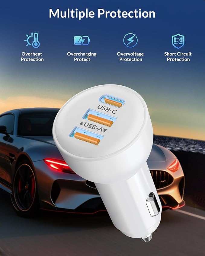 3-Port 70W fast car charger for iPhone and iPad with USB-C, Lightning, and USB-A