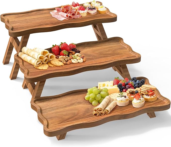Three tier natural acacia wood cupcake serving stand