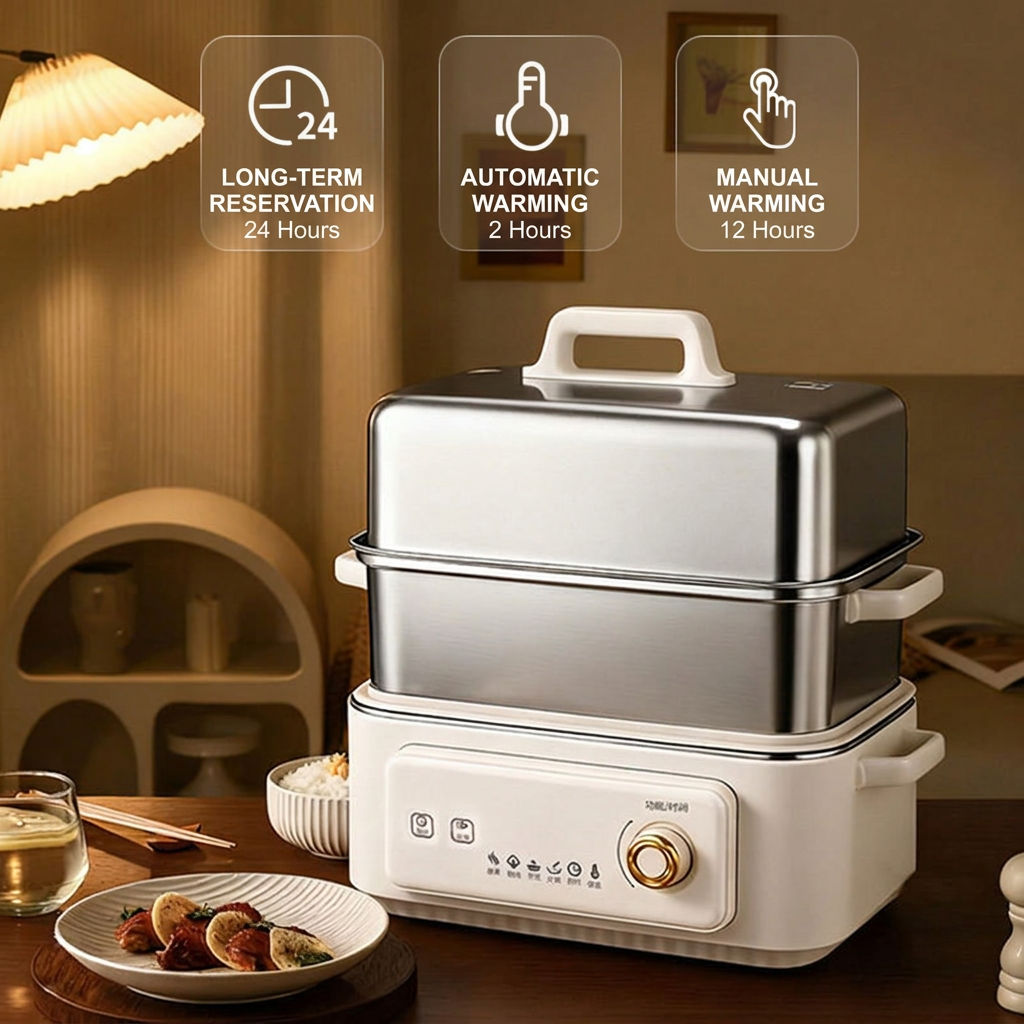 Three tier electric food steamer for preparing multiple ingredients